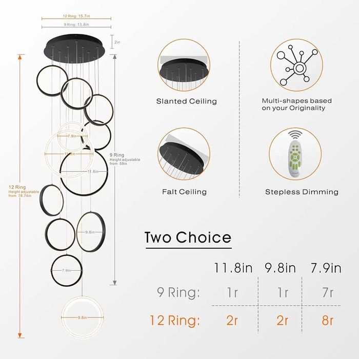 Модерен черен полилей с 12 пръстена за висок таван, стълбище