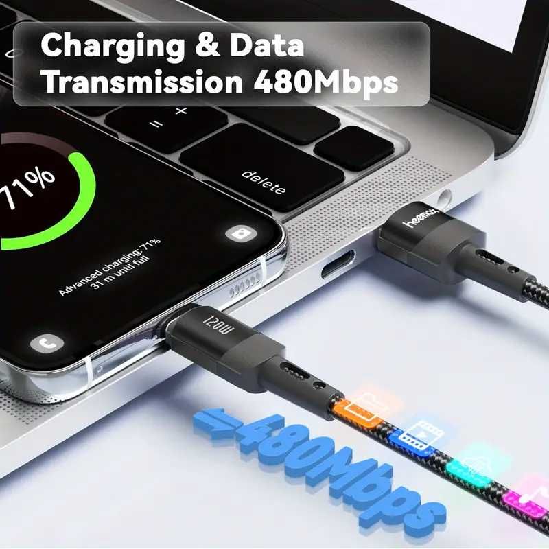 USB Type-C/USB-120W Кабел за бързо зареждане и синхронизация на данни!