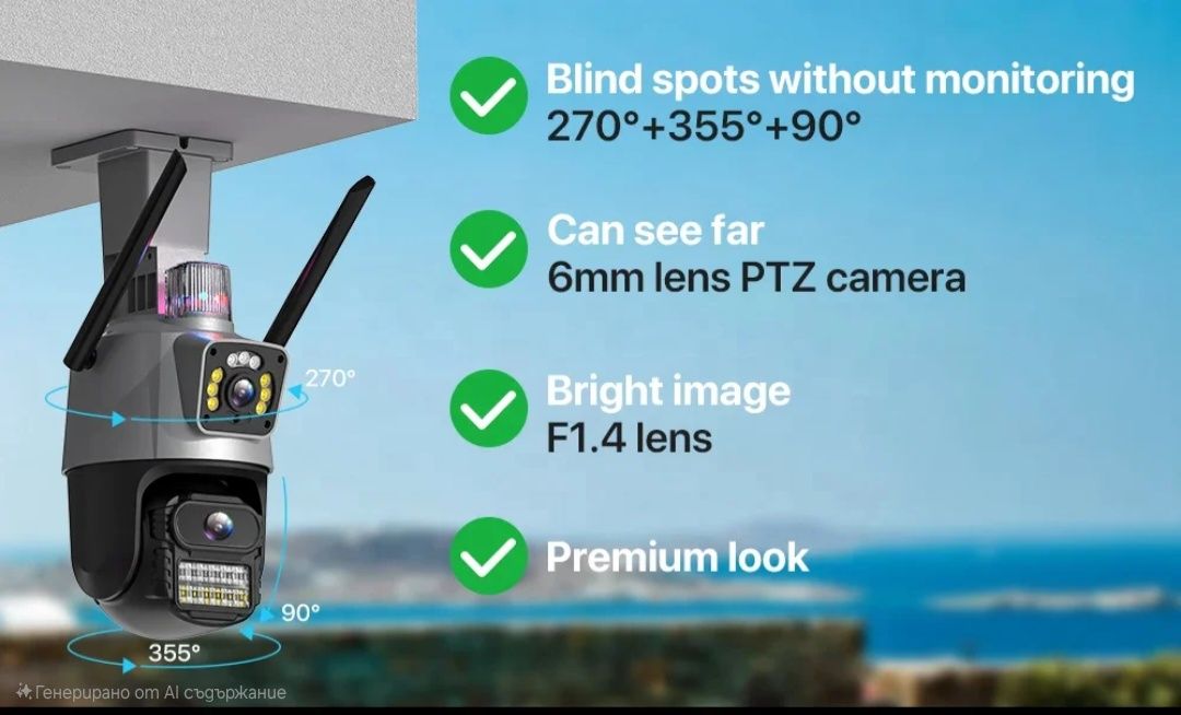 Охранителна камера WiFi PTZ  ICSEE 6MP, 360°, Dual Lens, нощно виждане
