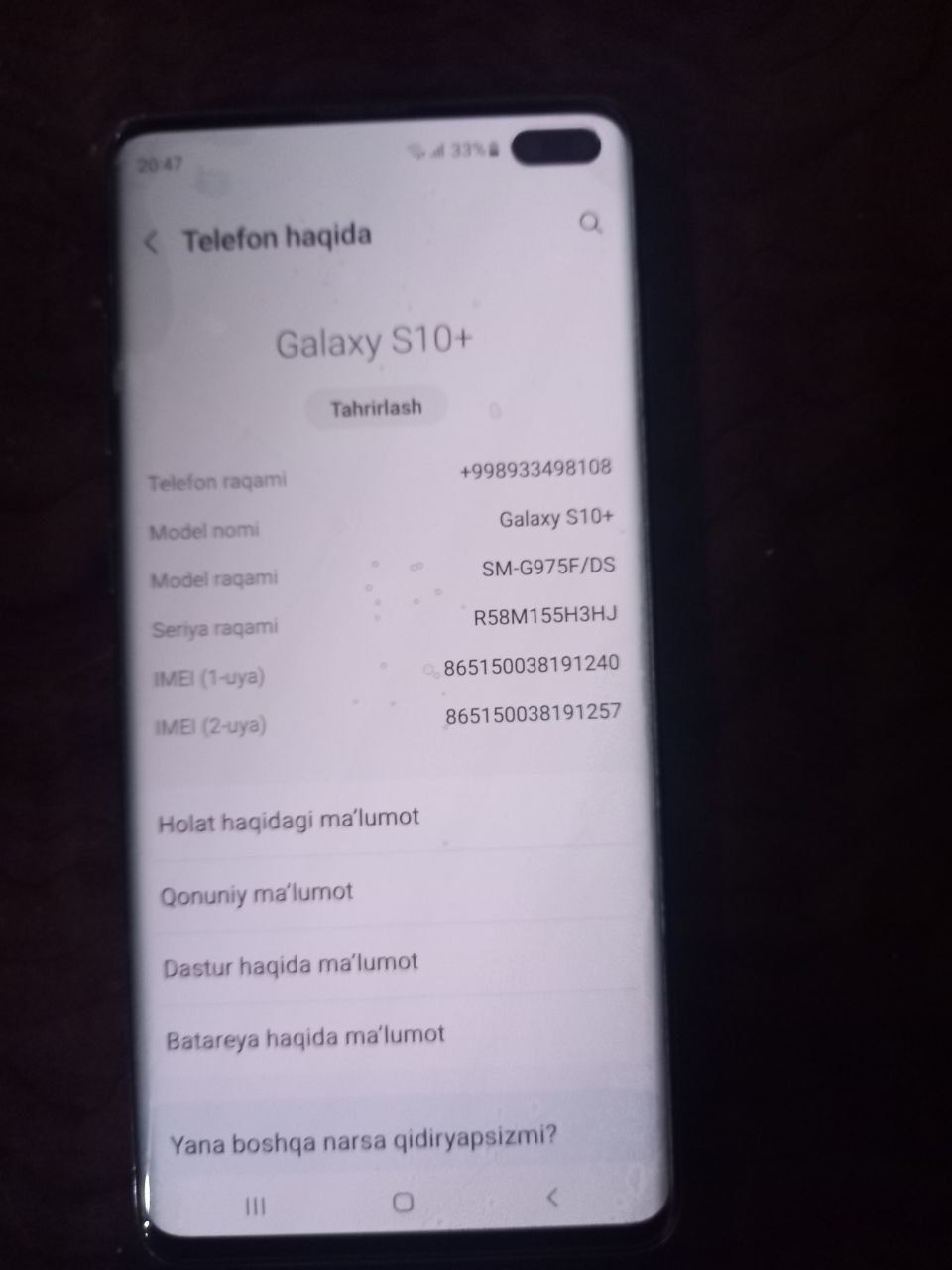 Samsung s10+edyal holatda