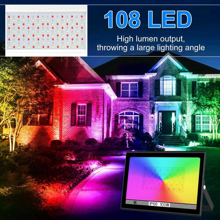 2/бр. RGB LED външен прожектор 100W, Димируем 10000LM IP66