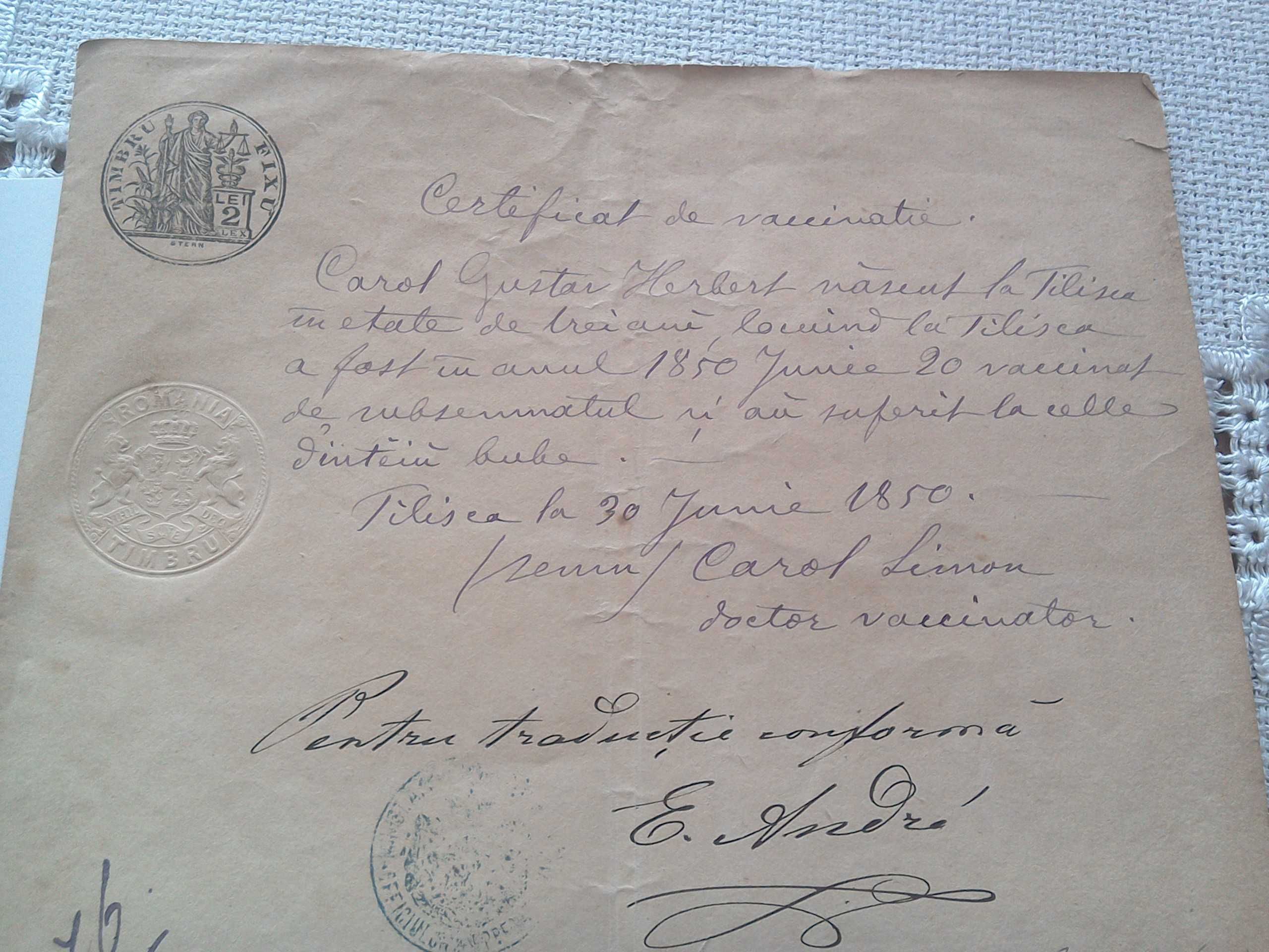 Document Vechi Certificat de vaccinare Sibiu - an 1850 -