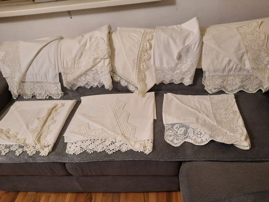 Perne din pene gasca/gaina,Lepedeu pat,Fete perna damasc,Dantela lata,