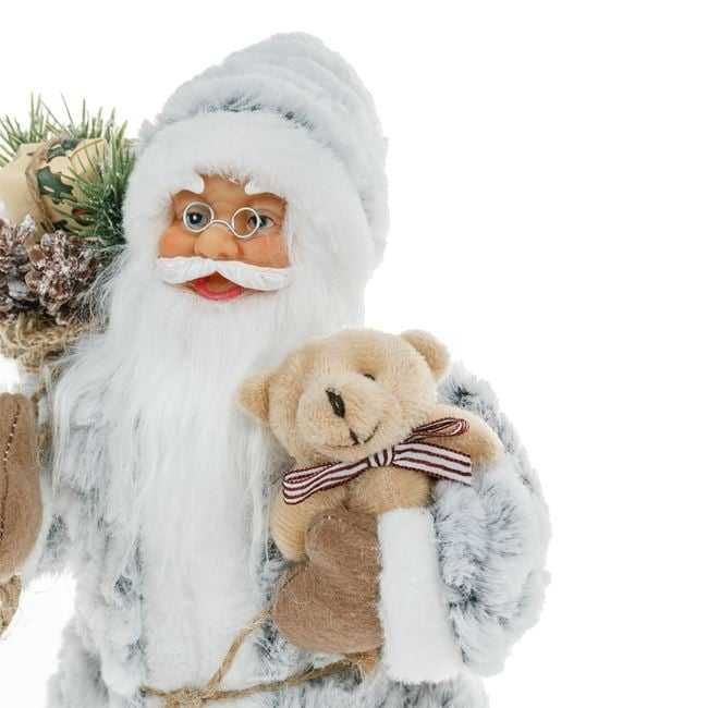 Figurina Mos Craciun Realist Alb Gri Blana si Ursulet 30cm