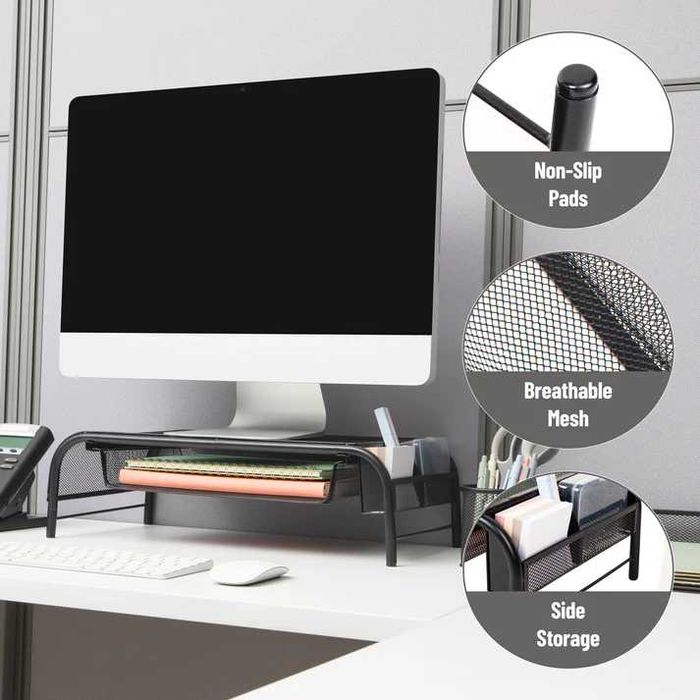 Stand monitor plasa metalica cu sertar si rafturi laterale ergonomic