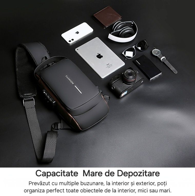 Borsetă Antifurt cu Cifru. Spațioasă/Multe buzunare. Mufa&Cablu USB.