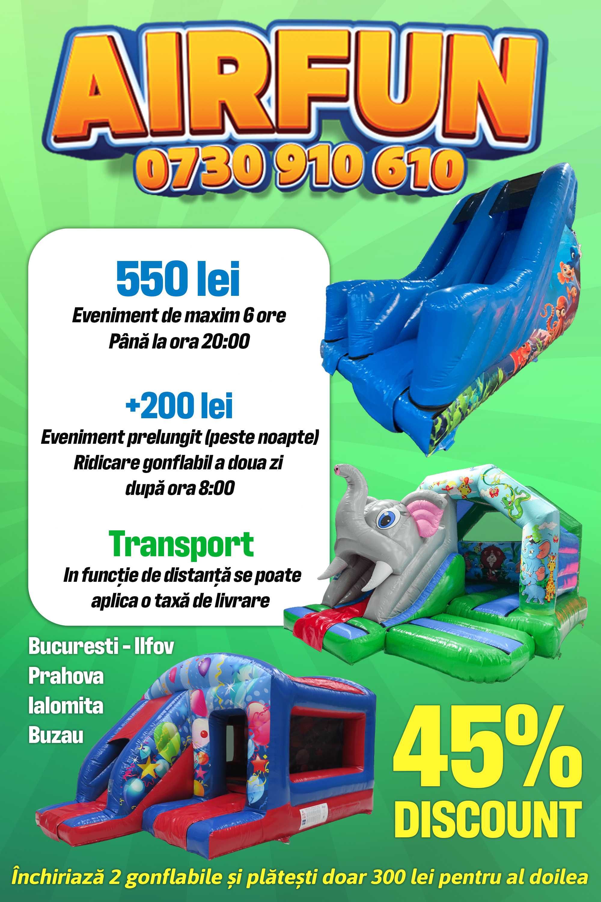 Casute si tobogane gonflabile pentru copii, trambuline, topogane