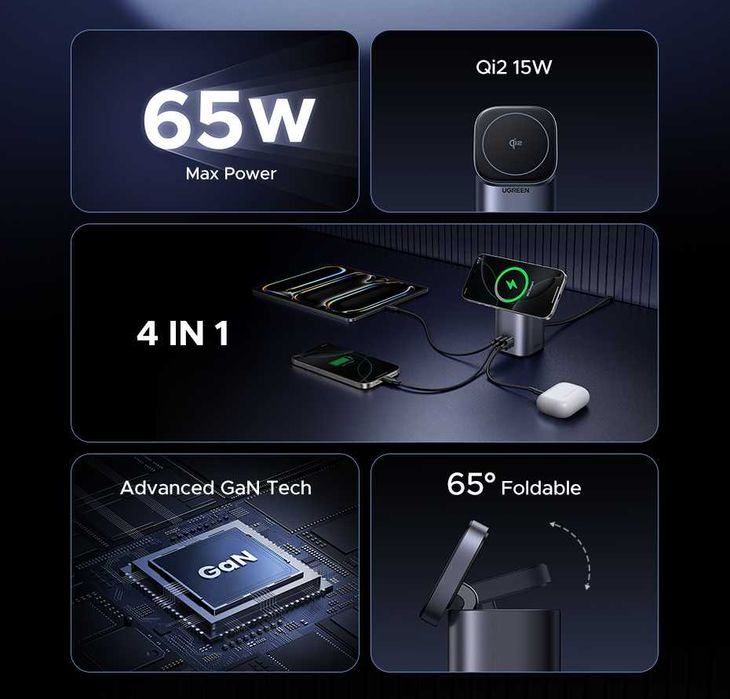 UGREEN Qi2 GaN 65W Док-станция 2в1 Держатель Magnetic 15W & iPhone 17