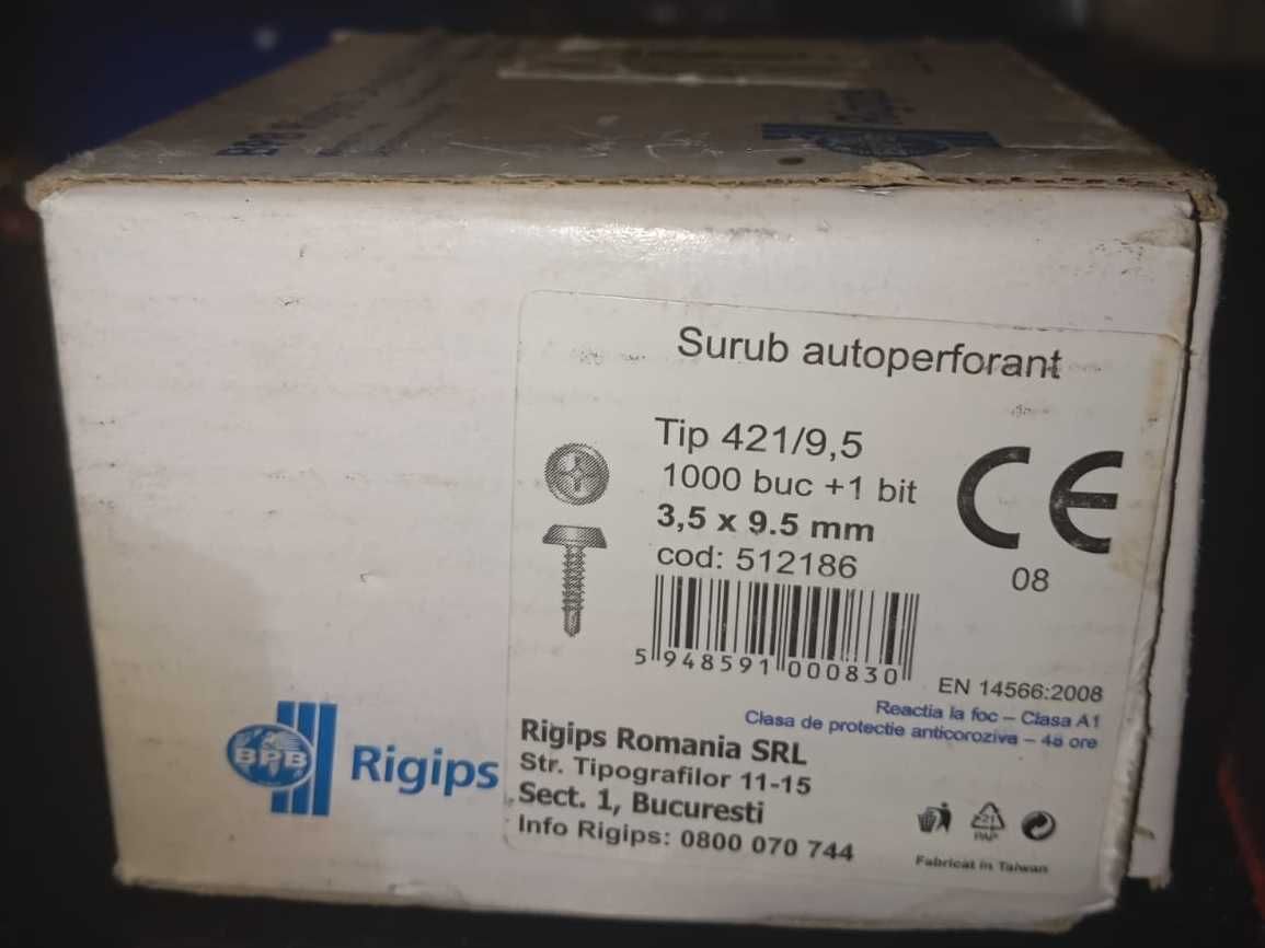 Surub autoperforant 421, 3.5 x 9.5 mm, otel zincat, 1000 buc/cutie.