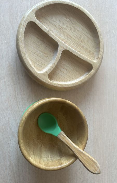 Set farfurie + bol + linguriță pentru bebeluși din bambus