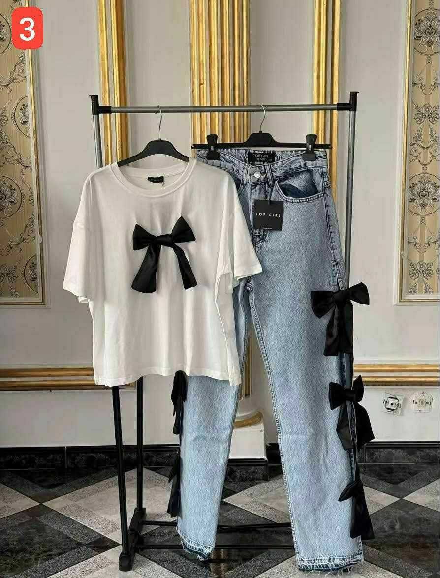 Set dama blugi și tricou cu fundițe