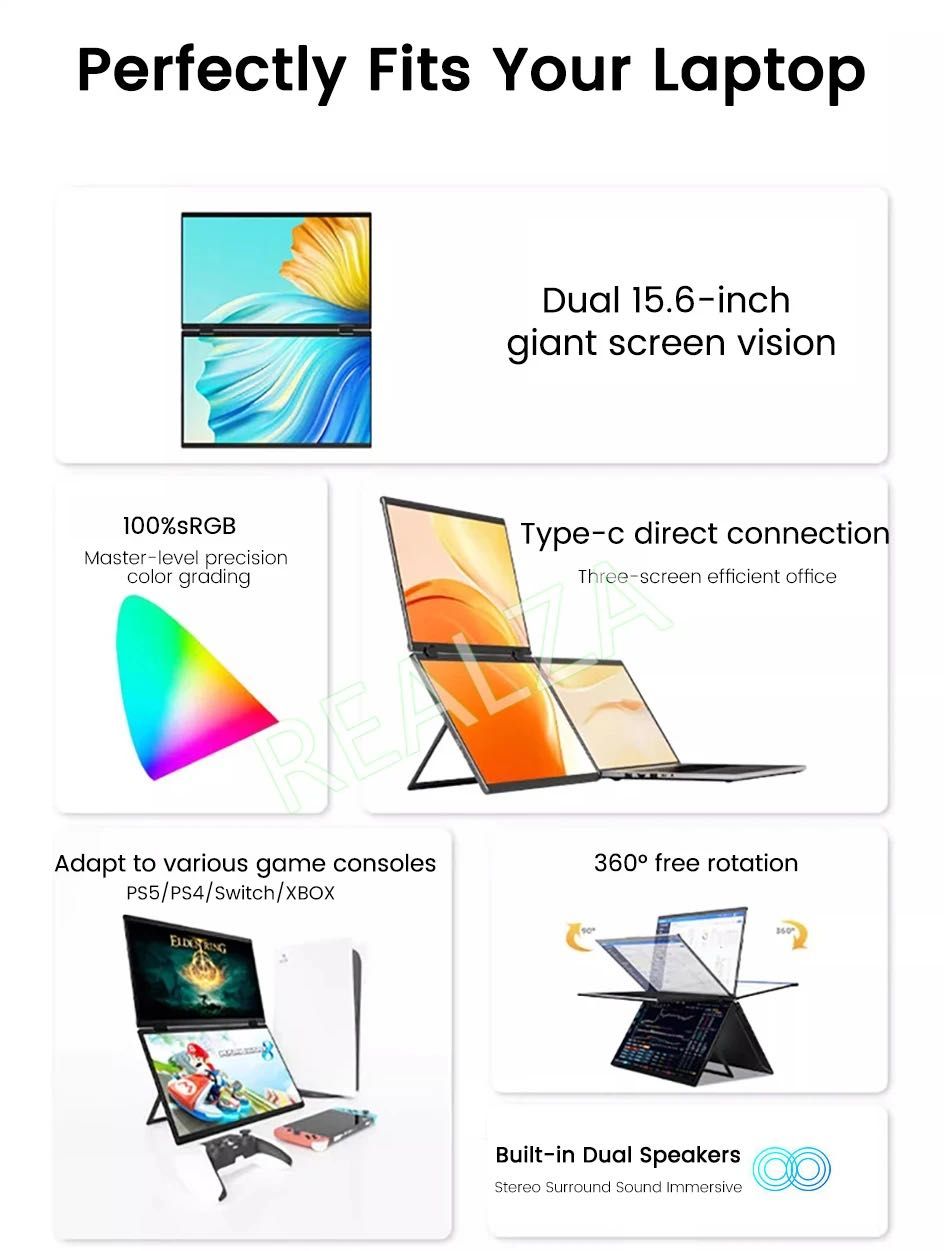 Двоен портативен монитор REALZA 2K HDR10 2560x1440 2x15.6"