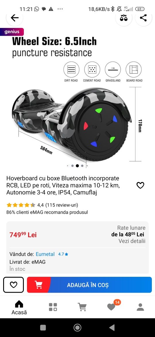 Hoverboard cu boxe Bluetooth incorporate RCB, LED