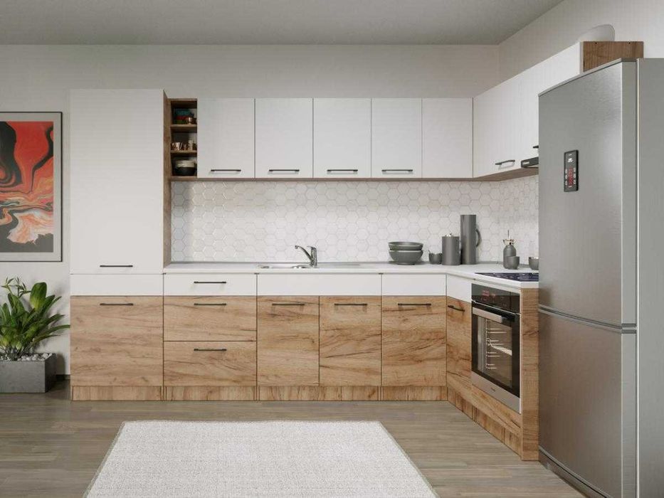 Set Mobila Bucatarie Colt Gastro 300*160 Alb/Stejar – C31