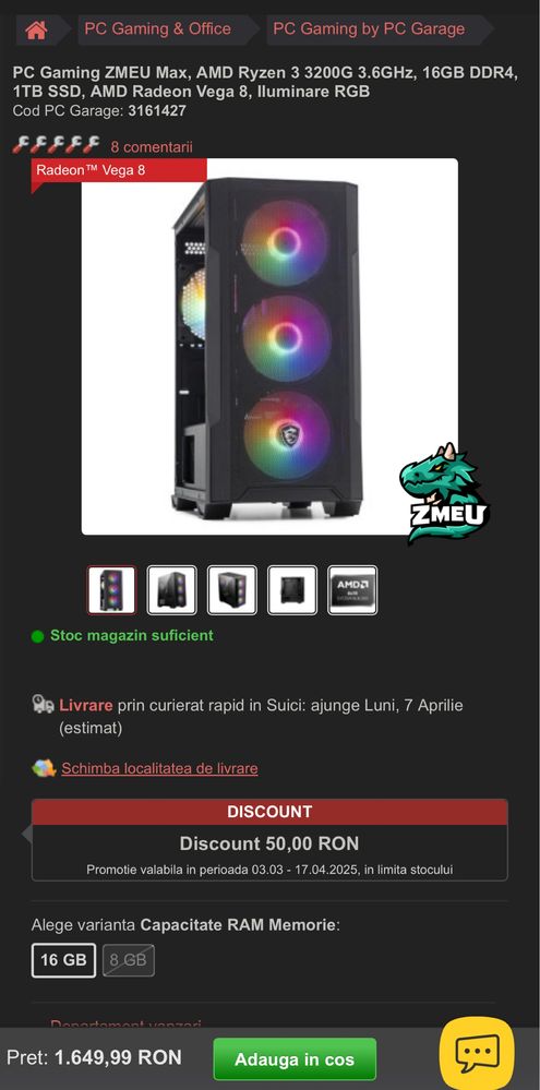 Pc Gaming , AMD 3200G 3.6Ghz , 16GB DDR4, 1TB SSD, AMD Radeon Vega 8