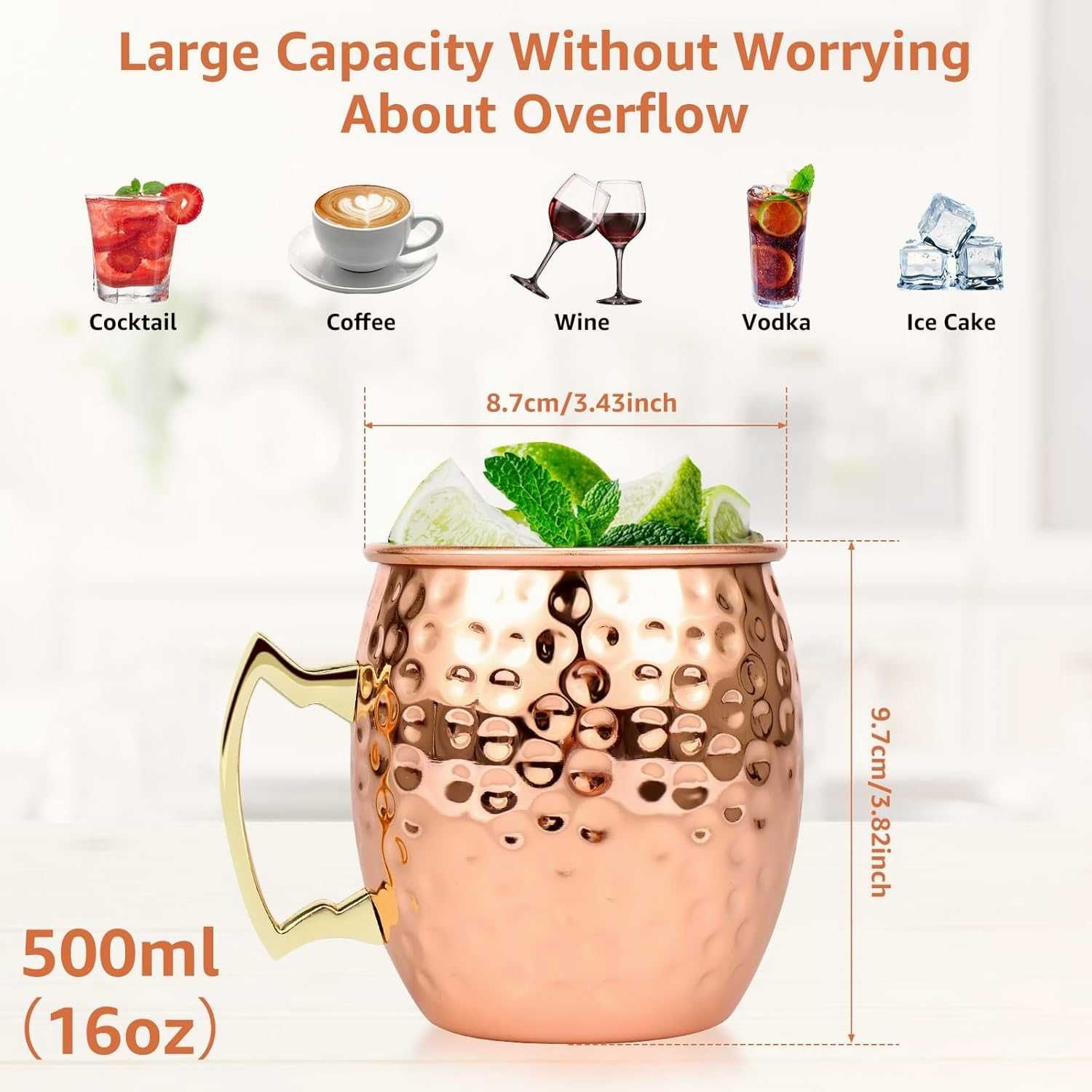 Нови медни чаши с дръжки, 100% чист мед, Moscow Mule, 2 броя в цената!