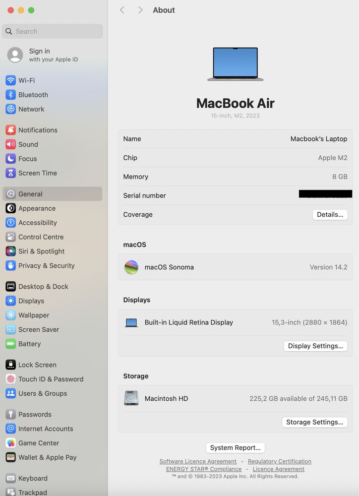 MacBook Air 15 - inch / Apple M2 / 256 Gb / 8 Gb / Space gray |