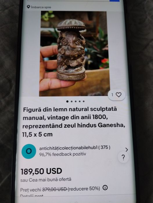 Figurină din lemn reprezentând zeul hindus Ganesha