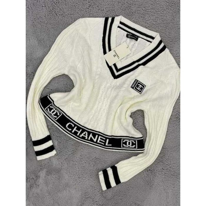 шанел бял черен пуловер блуза плетена chanel фина плетка суичър топ