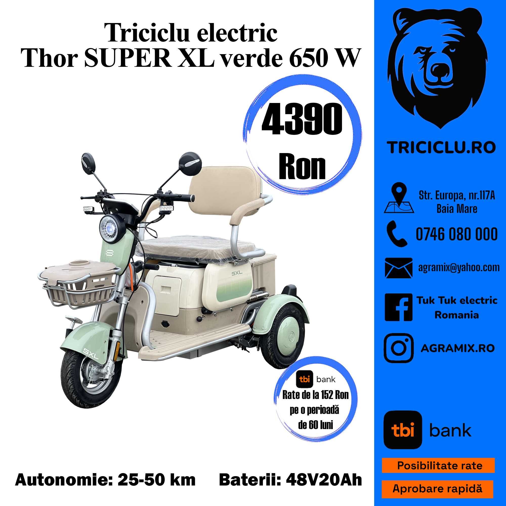 THOR SUPERXL tricicleta electrica tuk tuk nou verde maro gri