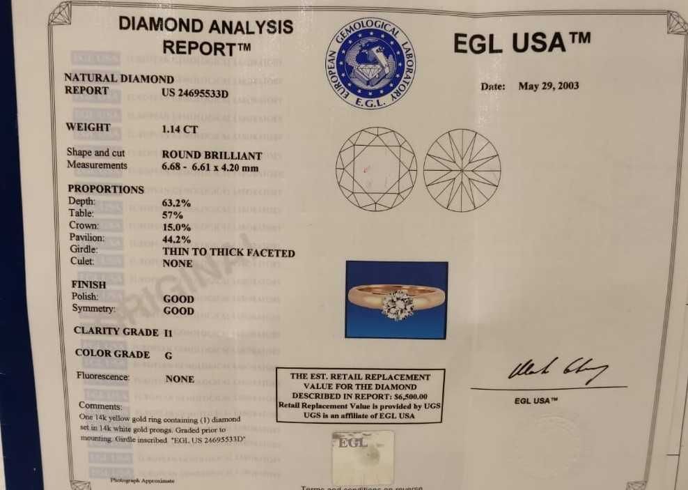 Inel logodna aur 14k cu diamant 1.14ct certificat EGL USA