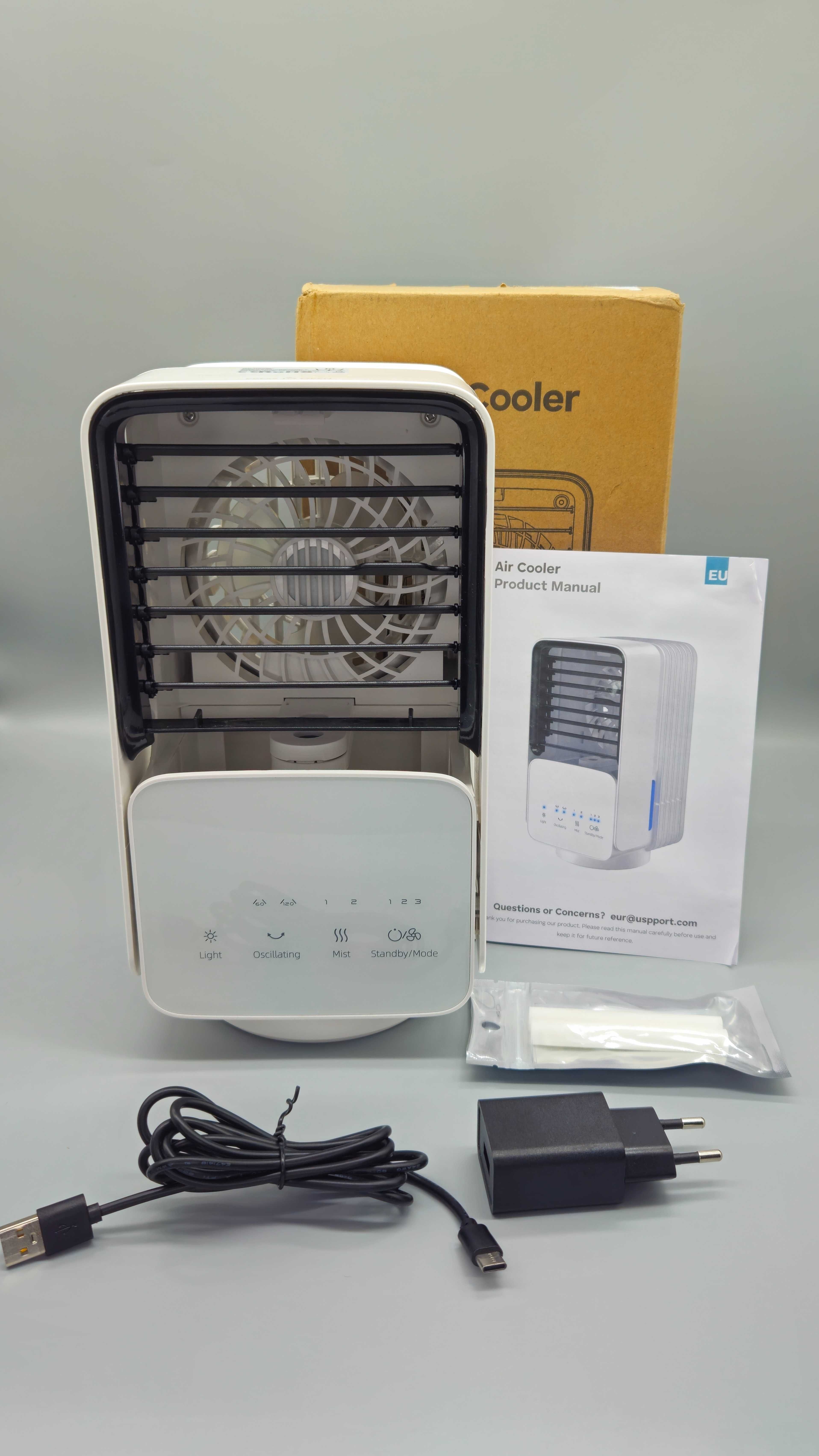 Преносим охладител-вентилатор и овлажнител на въздуха с LED осветление