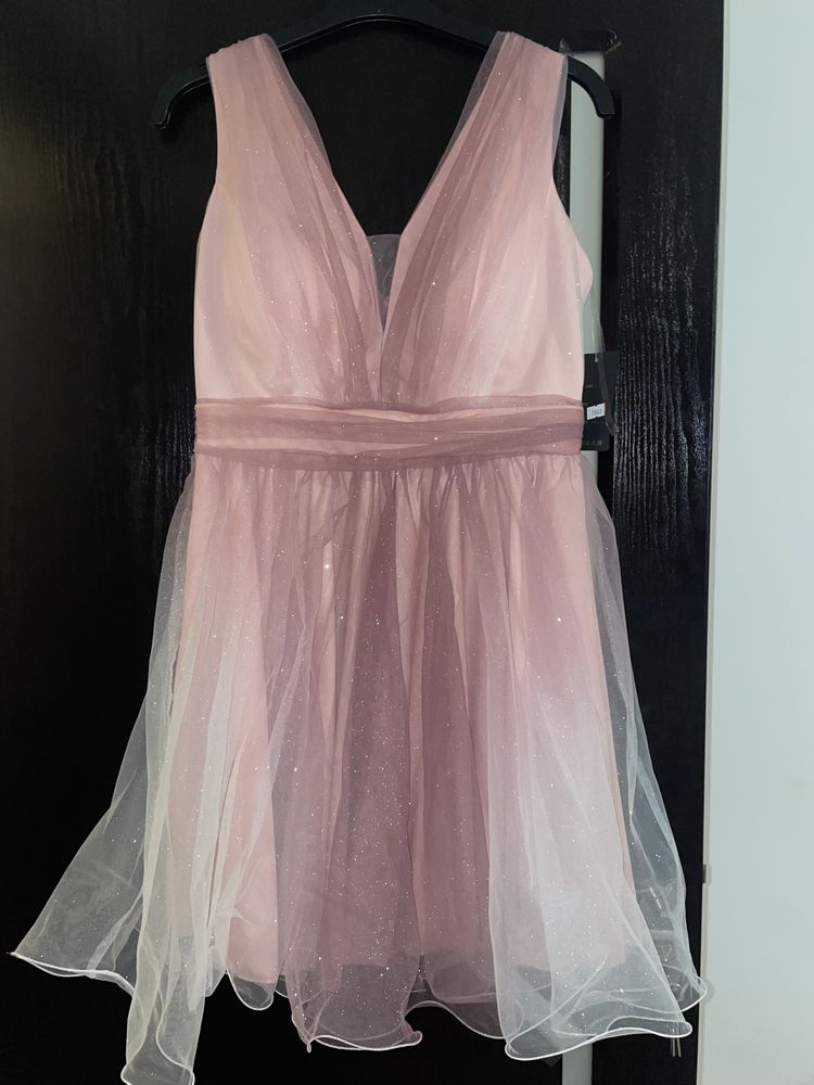 Rochie scurta noua, mărime L, cu sclipici, Roz/Mov