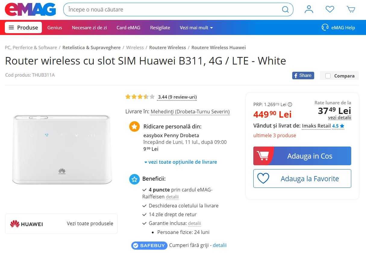 Router wireless cu slot SIM Huawei B311, 4G / LTE, necodat