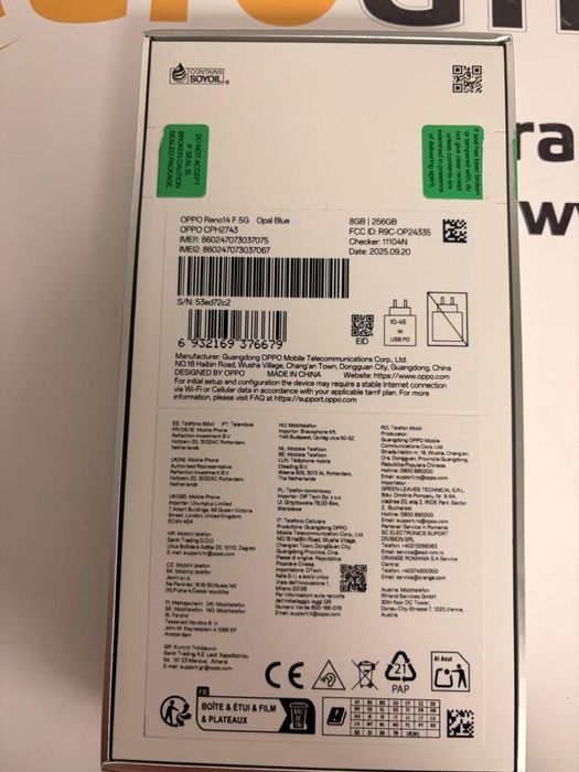 OPPO Reno 14 F 5G, 256GB, 8GB RAM, Dual SIM, Opal Blue -T-