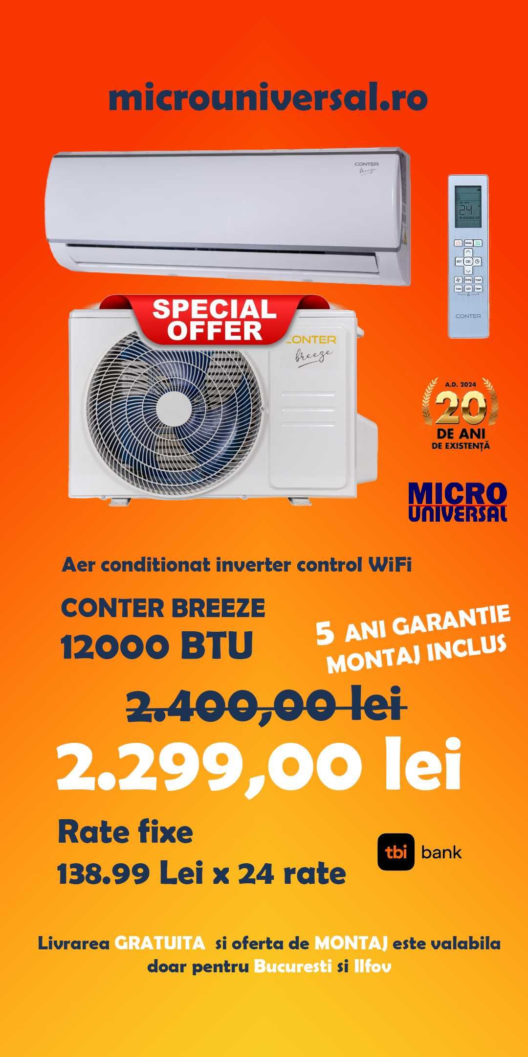 Aer Conditionat 12000 BTU cu montaj in 24 ore- Garantie 5 ani -WI-FI