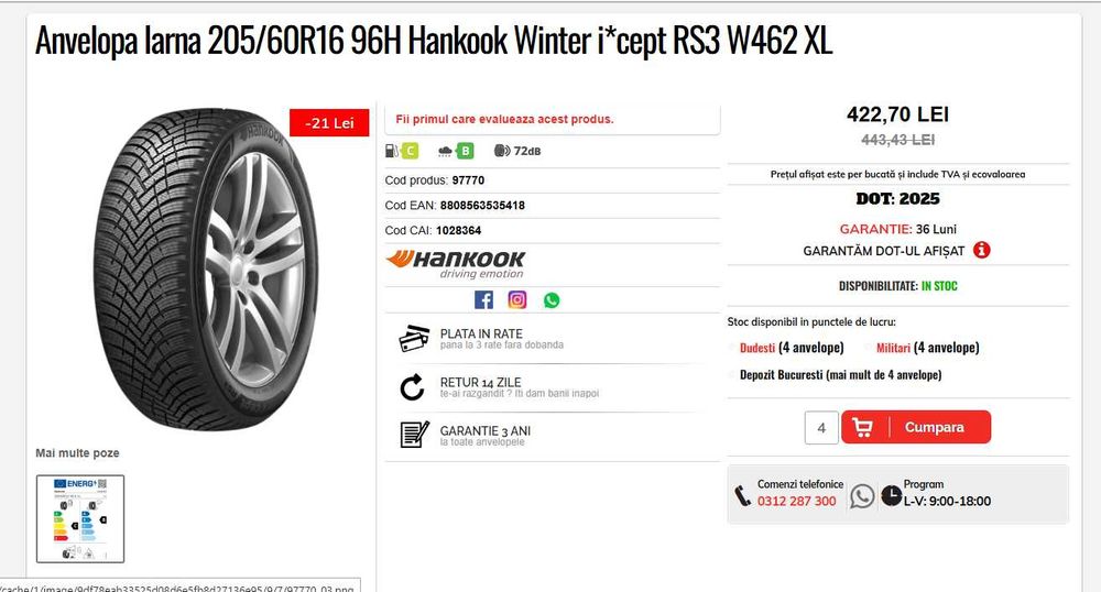 Anvelope noi iarna HANKOOK I*Cept RS3 205/55R16 91T