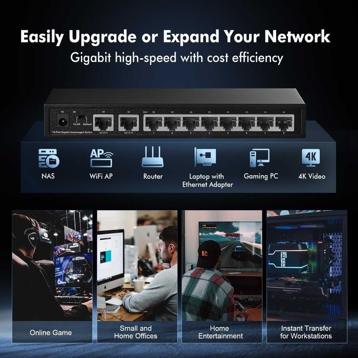 Switch Binardat Gigabit Ethernet 10 porturi,8 port,Uplink 2 port,VLAN