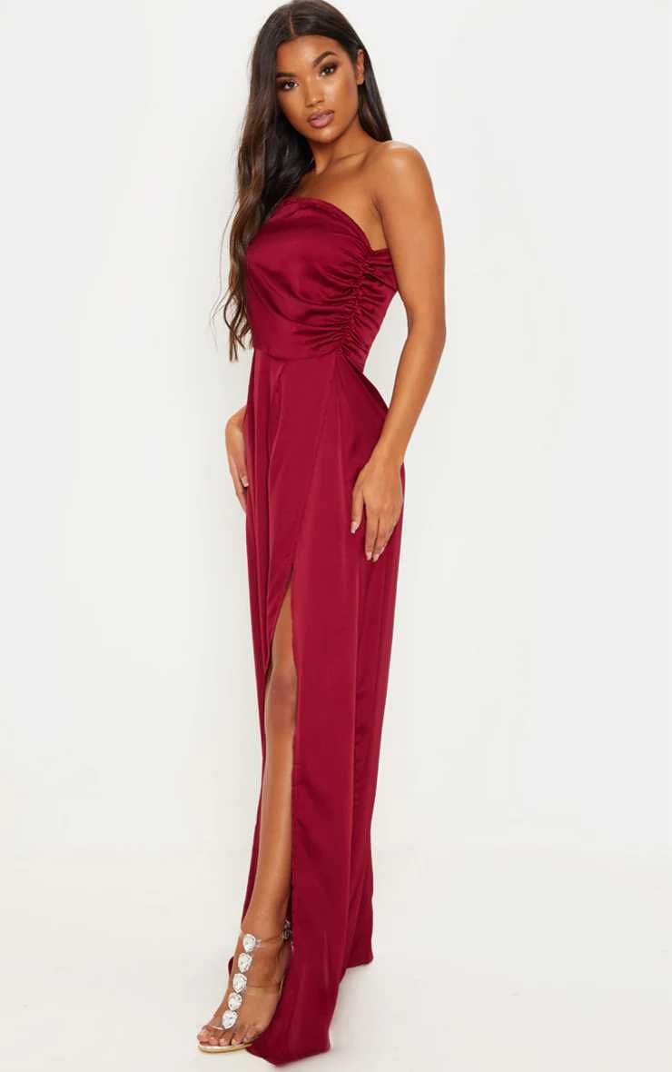 Rochie PrettyLittleThing Burgundy Satin One Shoulder Ruched Maxi Dress