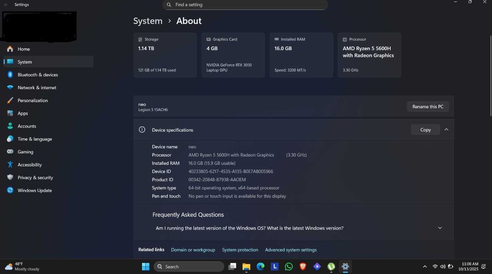 Lenovo Legion 5 15ACH6 NVIDIA GeForce RTX 3050, AMD Ryzen 5 5600H