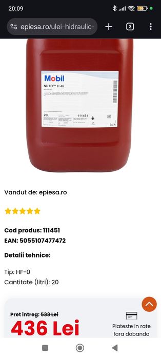 Ulei hidraulic  H 46 Bidon 20 litri