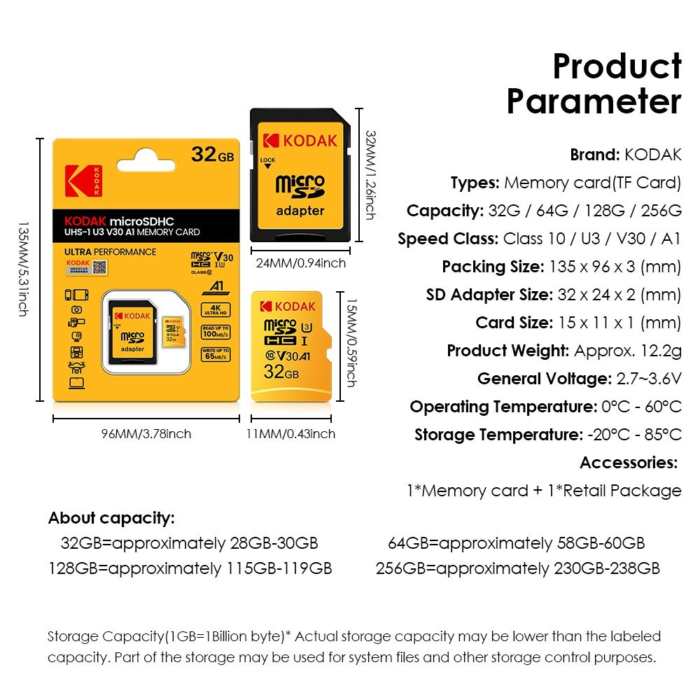 Kodak Original Micro SDXC+TF Card 64GB Class 10 U3 A1 V30 (с адаптер)