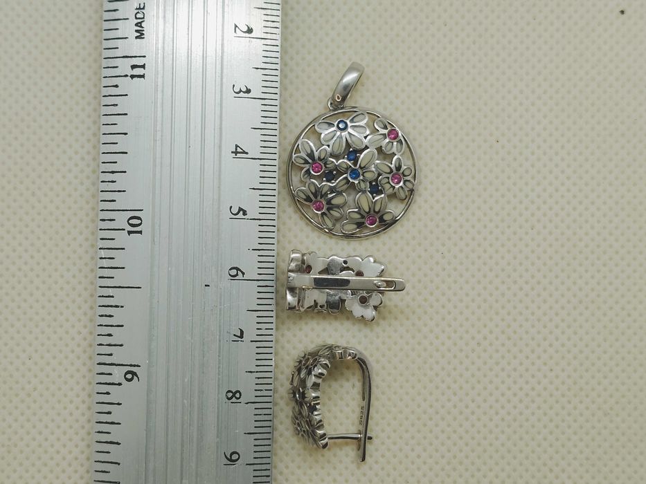 Set floral din argint 925 cu email, rubine și spinel albastru