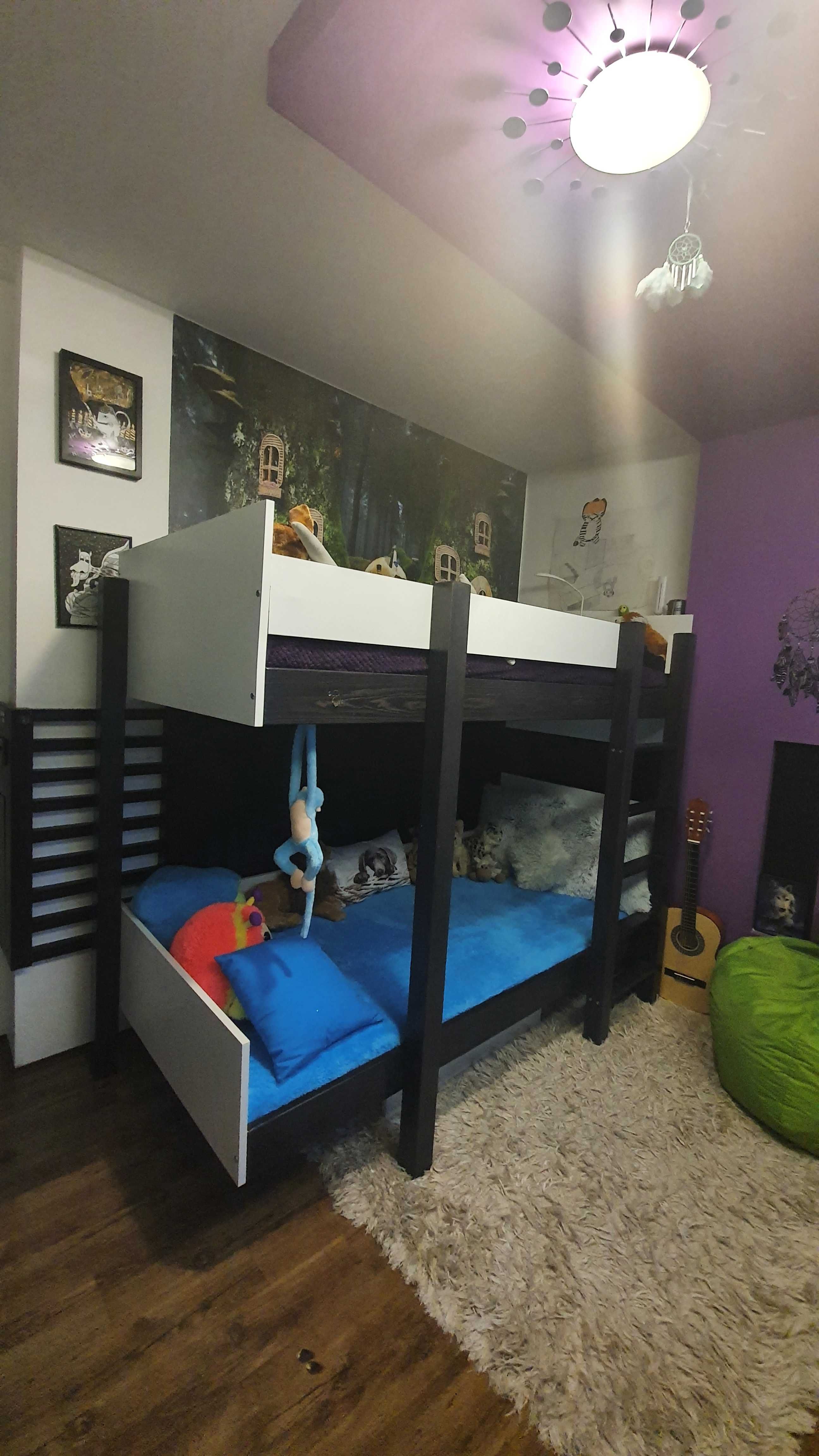Pat supraetajat din lemn  pin si pal cu sertar + 2 saltele 200 x 90 cm