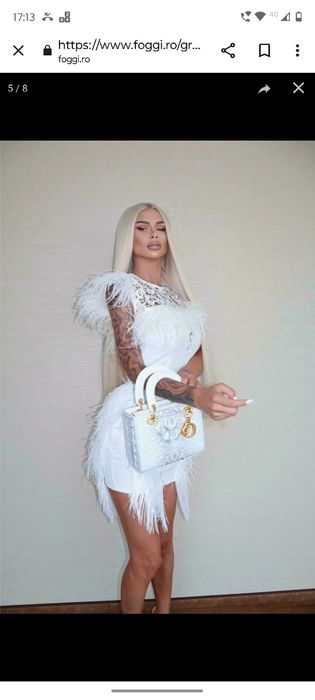 Rochie Eleganta De Ocazie, Scurta Cu Fulgi Si Franjuri, Alba