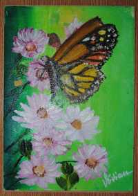Tablou original, ulei pe panza (canvas) - Primavara - fluture si flori