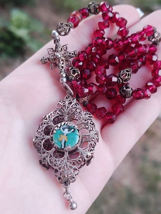 Vechi Rozariu de mana argint filigran cu pietre rosi , antic victorian