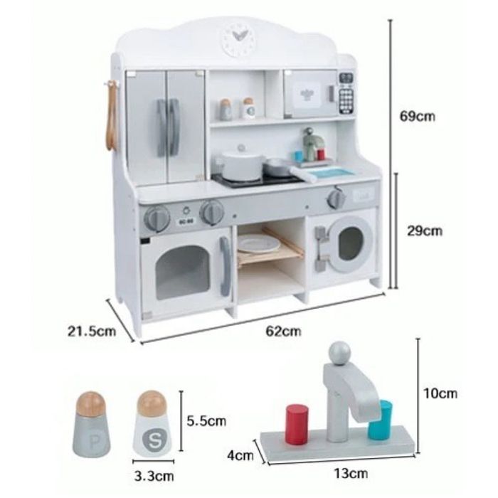 Bucatarie pentru copii din lemn, cu masina de spalat si accesorii, NOU