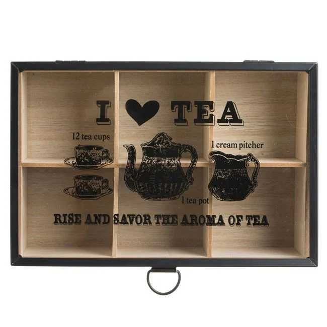 Дървена кутия с 6 отделения и стъклен капак за чай 24x16x8 cm