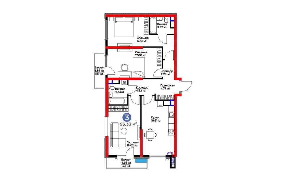 ЖК BI SAN`AT 3-к квартира 93.33 м2. г. Ташкент, ул. Фергана йули
