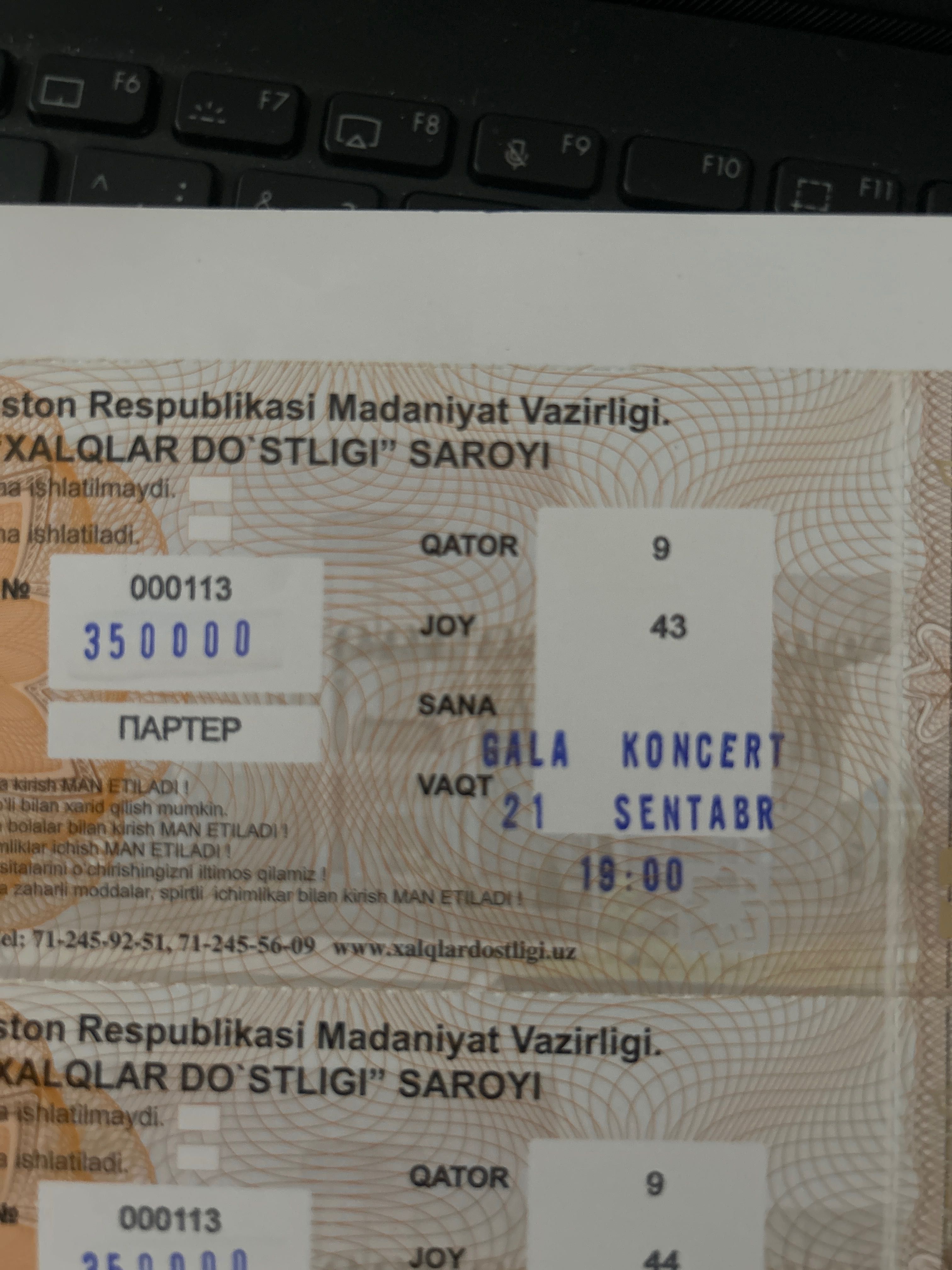 Bilet GALA KONSERT 21-Sentabr soat 19:00 da.