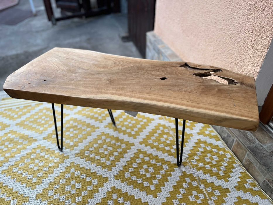Masa Cafea Lemn Solid Salcam Picioare Pin Fier Scandinav Rustic Noua!