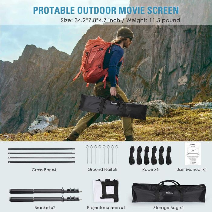 Ecran de proiectie LEORFI 150 inch cu suport, portabilexterior 16:9 HD