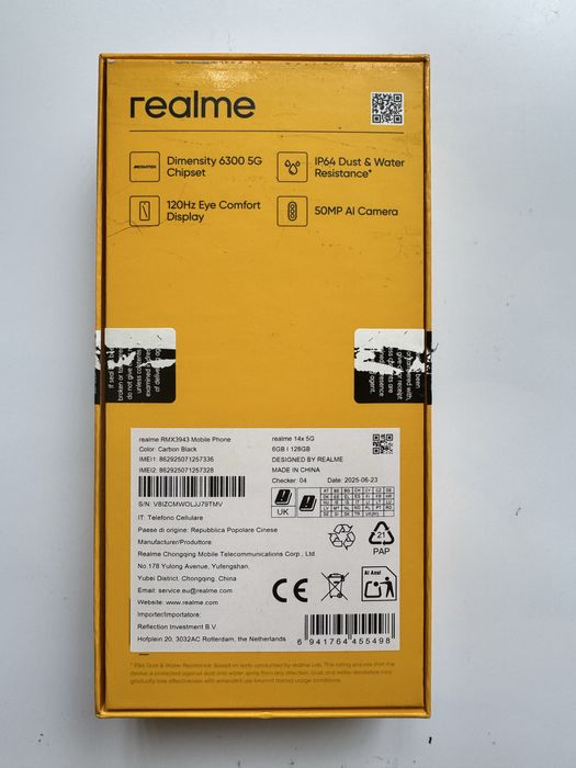 Мобилен телефон Realme 14x, 6 GB RAM, 128 GB, 5G, въглеродно черно