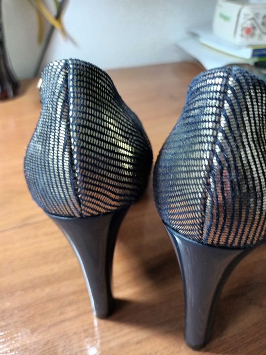 Pantofi stiletto argintiu-albastru, piele naturală,  36