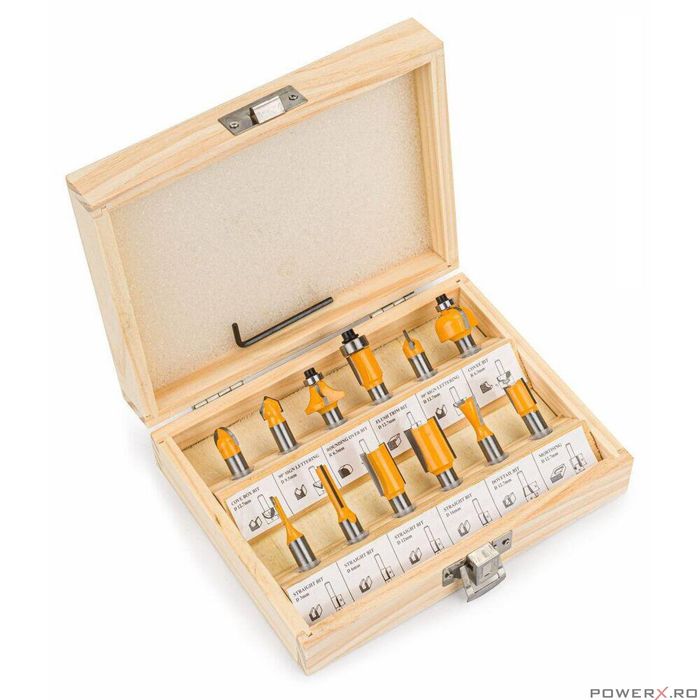 Set 12 freze lemn profesionale pentru freza, oberfreza prindere 8 mm,